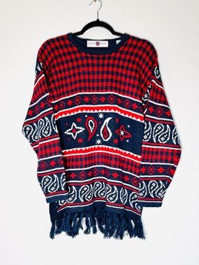 Milano Sport Sweater Women's S Ramie Blend Red Blue Fringe Festive Grandmacore